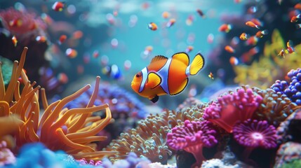 Fototapeta na wymiar A solitary clownfish navigates through a colorful underwater coral reef teeming with marine life. 