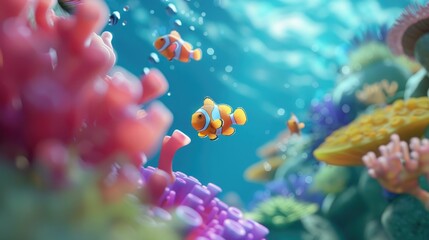 Fototapeta na wymiar Vividly animated clownfish swim gracefully in a stunningly detailed and colorful coral reef ecosystem. 