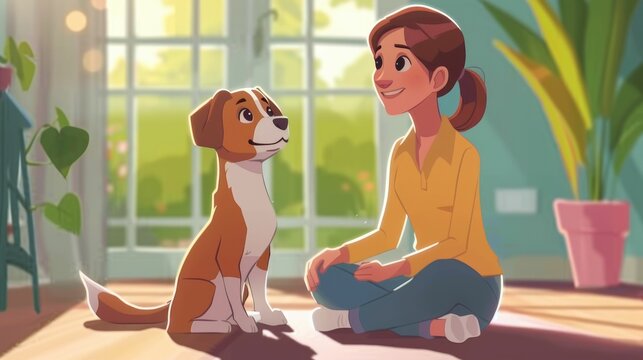 An image of a smiling woman sitting cross-legged, gazing affectionately at her loyal beagle in a sunlit room.
