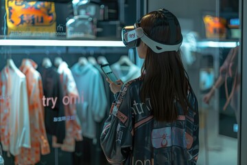 Fototapeta na wymiar Trendy woman with VR headset browsing through virtual interface in modern retail store