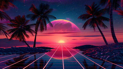 Fototapeta premium Tropical Sunset With Retro Synthwave Aesthetic Over Grid Landscape