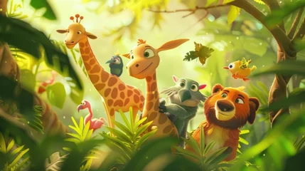 Foto op Canvas A heartwarming 3D animation scene of friendly jungle animals, including a giraffe and a lion, basking in a sunlit forest.  © komgritch