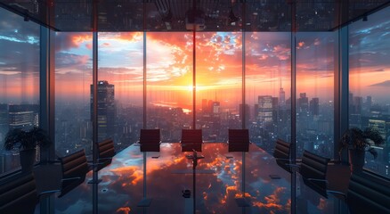 As the sun rises, a room with a table and chairs offers a breathtaking view of the city's skyscrapers, their windows reflecting the fluffy clouds above
