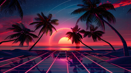 Naklejka premium Tropical Sunset With Retro Synthwave Aesthetic Over Grid Landscape