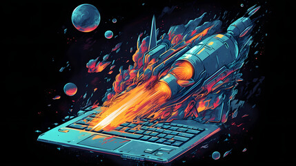  a rocket with its wings on a laptop