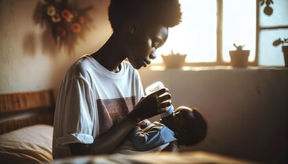 African women bottle feeding her baby. Bottle feeding is a chance to feel close to your baby and get to know and bond with them