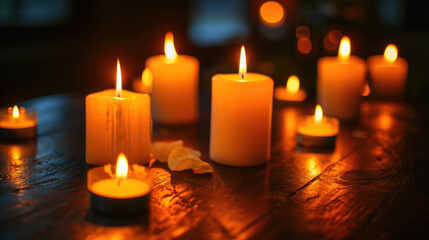 Obraz na płótnie Canvas Group of lit candles on wooden table