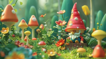 An adorable gnome with a red hat is hidden amongst a vibrant collection of whimsical mushrooms and fresh greenery in a fantasy garden setting.