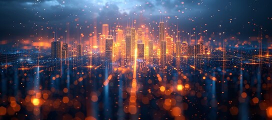 A bustling metropolis comes alive under a blanket of twinkling lights and swirling clouds, as the night sky is illuminated by bursts of colorful fireworks in this vibrant outdoor scene - obrazy, fototapety, plakaty