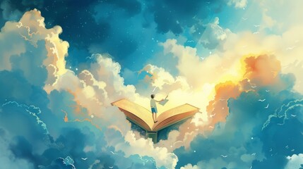 A young boy stands on a giant open book soaring through a dreamy sky, a metaphor for the power of reading and imagination. - obrazy, fototapety, plakaty