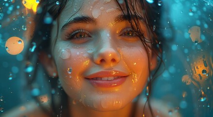 A bubbly woman with wet hair and shining eyes smiles warmly, her portrait a stunning display of human emotion and artistic beauty