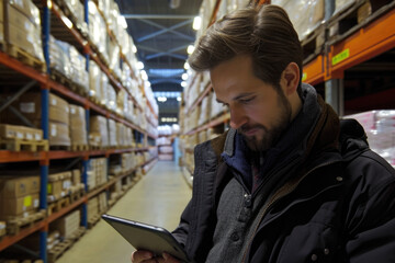 Fototapeta premium Man is using tablet in warehouse