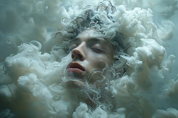 A hauntingly beautiful portrait of a man submerged in a dreamlike world of swirling bubbles and ethereal white liquid, capturing the essence of surrealism and the human desire for escape
