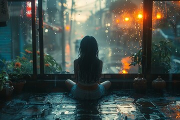 A woman sits by the window, mesmerized by the gentle movement of the water in the aquarium as the soft light from outside illuminates her peaceful contemplation - obrazy, fototapety, plakaty