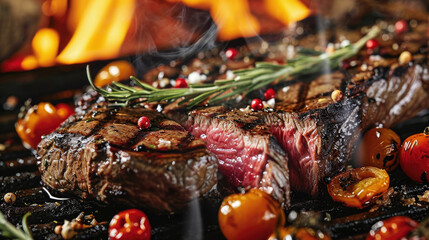Close up image of steak cooking on grill