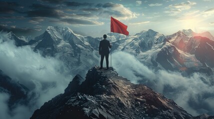 A businessman scans the flag atop a mountain. Generative Ai. - obrazy, fototapety, plakaty