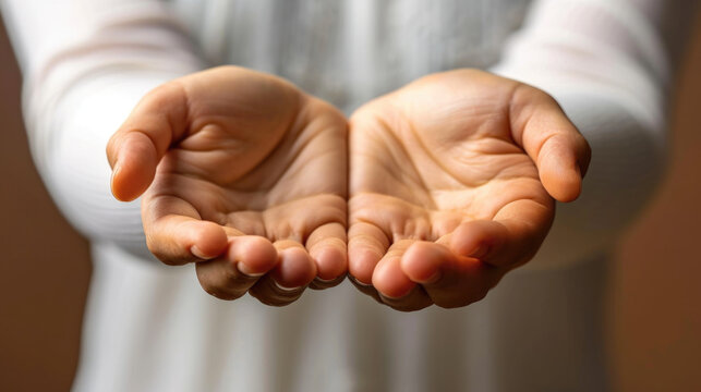 Close-up of person holding out their hands, versatile image for various concepts