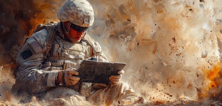 A determined soldier, clad in military camouflage and armed with a weapon, stands ready for battle as he uses a tablet to coordinate with his unit and face the violence of war with bravery and resolv