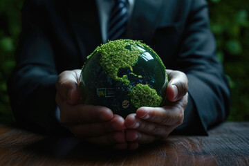 Man in suit holding green globe, suitable for business concepts