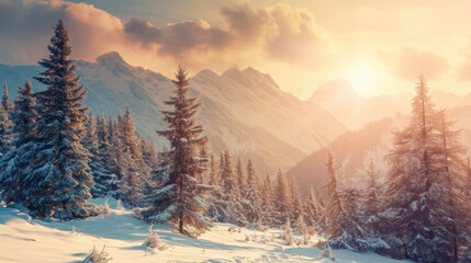 Stunning sunset over snowy mountain peaks