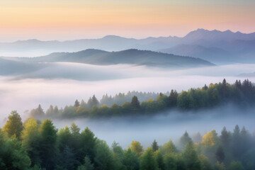 Fototapeta premium Mist-engulfed peaks rise above a dense forest. Morning fog