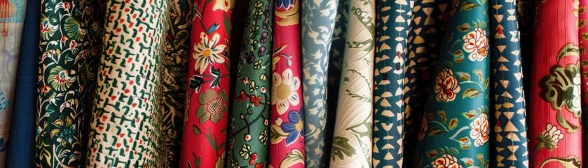 "Colorful textile collection with various prints and designs. Fabric store and fashion design concept for decoration, apparel, and crafts."