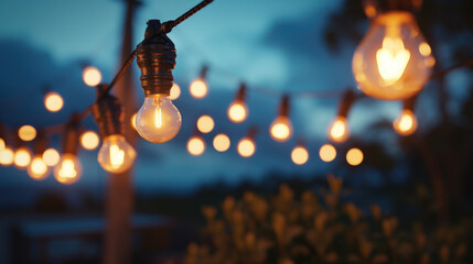 Bunch of light bulbs hanging from string - obrazy, fototapety, plakaty