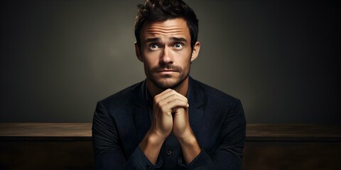 Fototapeta premium Anxious young professional man showing signs of worry and disappointment. Concept Anxiety, Work Stress, Disappointment, Professional Life, Emotional Expression