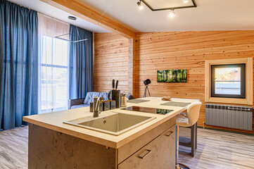 interior kitchen and dining room, refectory area, cooking equipment, table furniture, stove