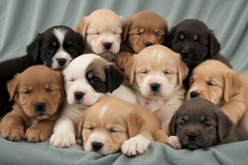 A chaotic cuddle puddle of fluffy puppies of different breeds, napping peacefully on a soft blanket