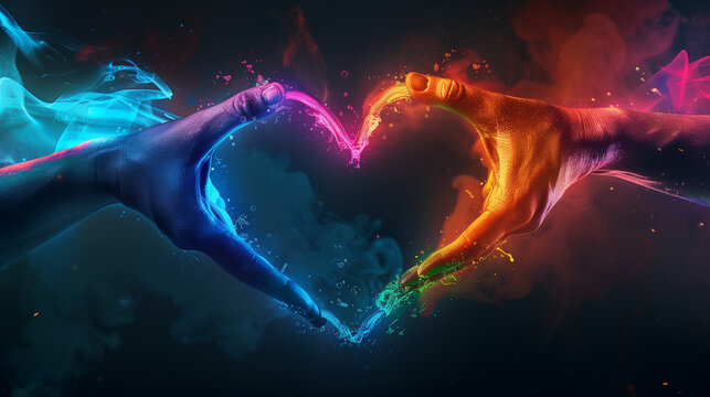 Digital hands intertwining to create a heart shape, infused with the radiant colors of a rainbow