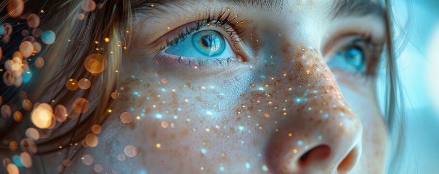 A close up of a students face expressing curiosity and wonder as they interact with a cutting edge AI learning tool