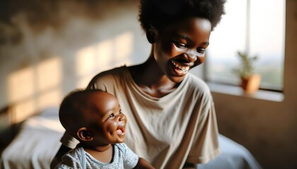 Happy African mother with her baby indoors at her home in Africa.