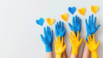 Palms smeared with yellow and blue paint on a white background with hearts.  Raised hands in support of people with down syndrome - obrazy, fototapety, plakaty