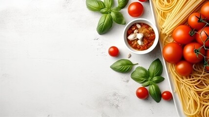 Classic Italian tomato spaghetti dish and cooking ingredient with white background