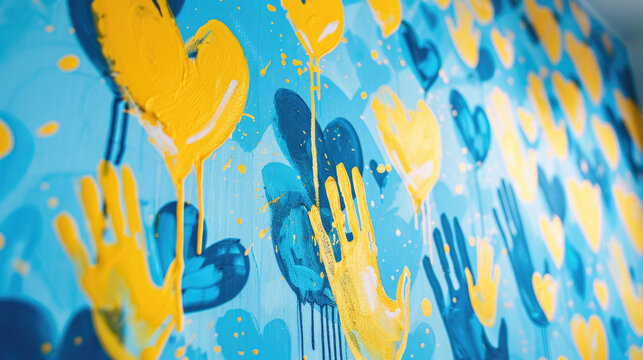 The wall of the kindergarten for children with down syndrome is painted in blue with drawings of yellow hearts and palm prints