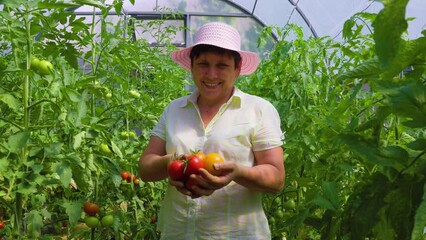 Confident Farmer Mature Woman Displaying Tomatoes with Joy in Agricultural Venture