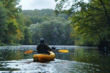 Kayak fishing on a peaceful lake, close to nature, adventurous spirit - obrazy, fototapety, plakaty