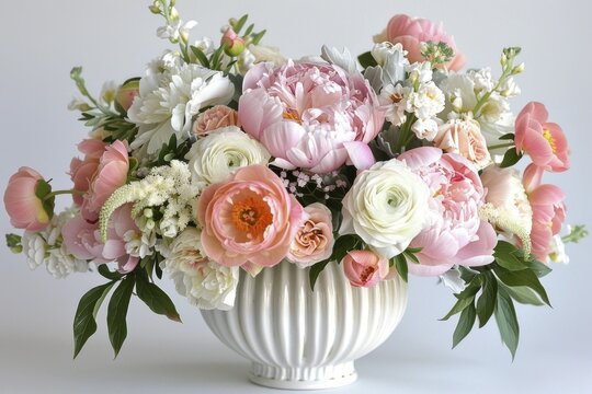 Elegant spring beauty exudes from the lush peony bouquet in a vintage vase with soft pastels.