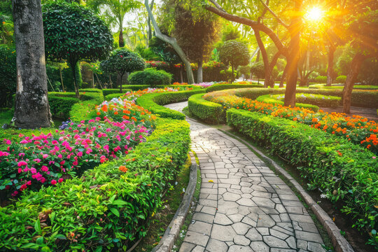 Romantic Renaissance garden with manicured hedges, colorful flower beds, and meandering pathways.