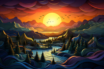 Beautiful sunset over the lake in the mountains. Vector illustration.
