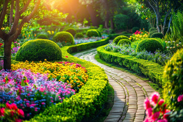 Romantic Renaissance garden with manicured hedges, colorful flower beds, and meandering pathways.