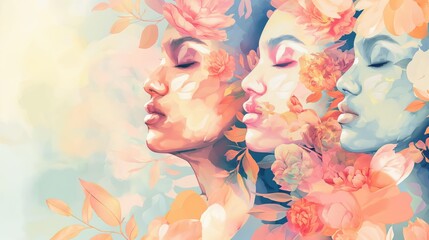 A captivating image of three faces in profile, seamlessly fused with a lush array of pastel spring flowers, evoking a tranquil and dreamlike vision of unity with nature.