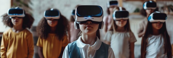 A Group of Children From Diverse Ethnicities Wearing VR Headset. Enjoying Virtual Reality Experience. Indoor Background. Horizontal Large Photo Banner (3:1)