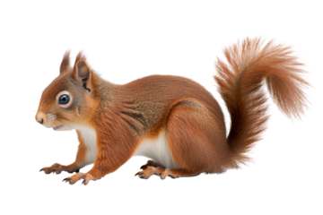Red squirrel full body, side view, isolated on a transparent background