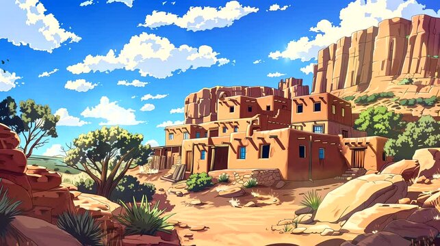 An adobe pueblo dwelling nestled in the red rock canyons of New Mexico. Fantasy landscape anime or cartoon style, seamless looping 4k time-lapse virtual video animation background