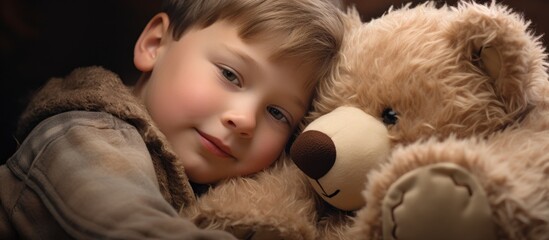 Boy embracing plush teddy bear.