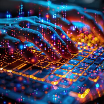 Close up of a software engineer s fingers dancing over a glowing keyboard coding the next big tech solution