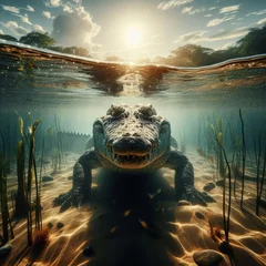Fotobehang Crocodile sits and waits under the water  © robfolio
