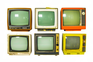 Set of 6 vintage TV receivers isolated on white background. Concept of nostalgia.